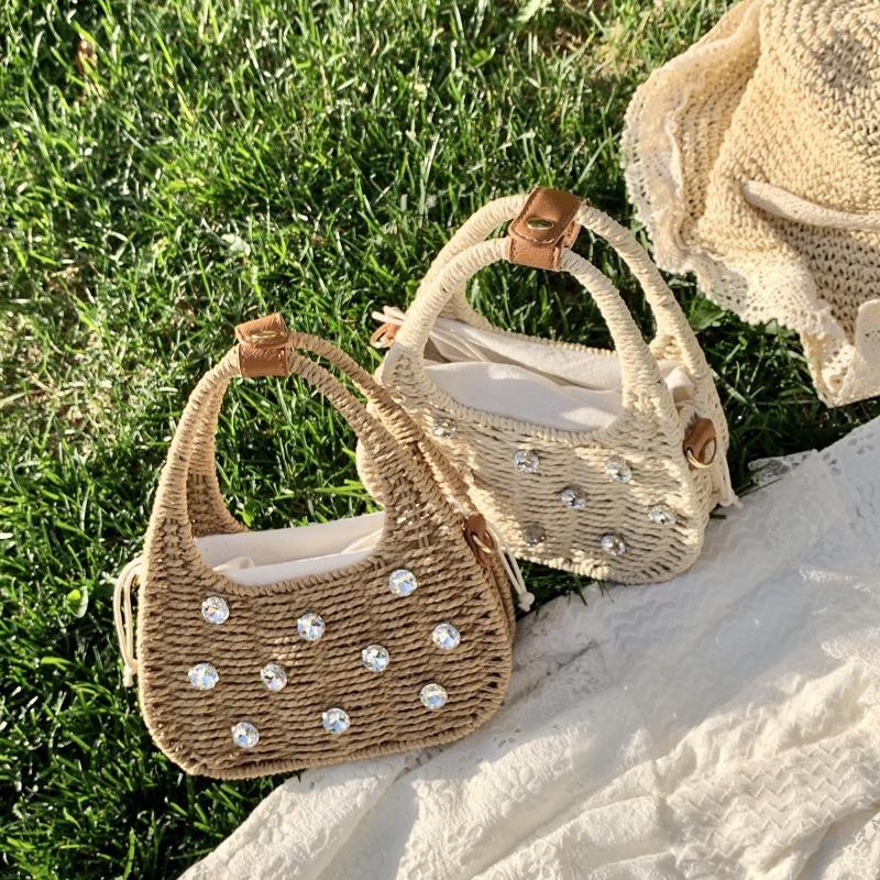 Summer Braided Tote with Diamond Set for Holiday Style Cross-body Bag