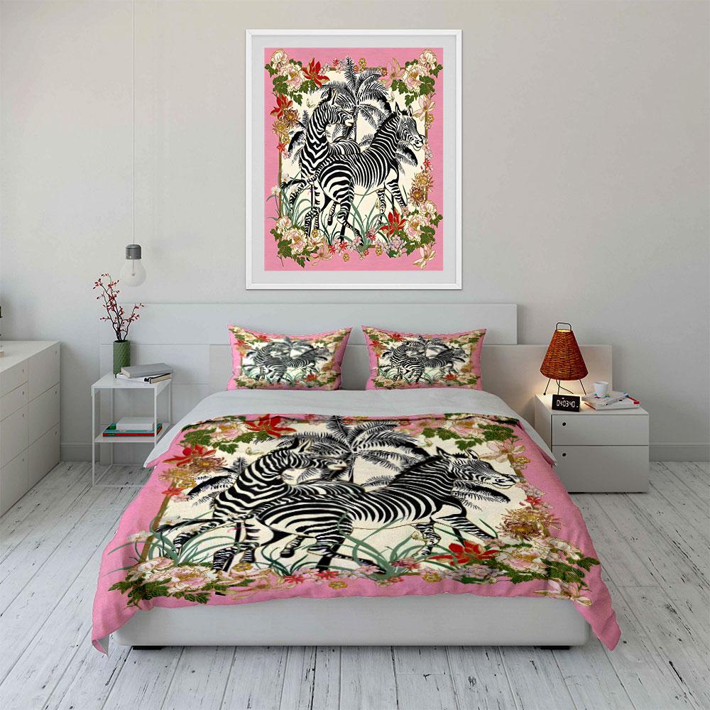 Zebras with Floral Background Bedding Set for Kids Luxury Gift 3pcs Digital Print Comforter Set Soft Comfortable Breathable