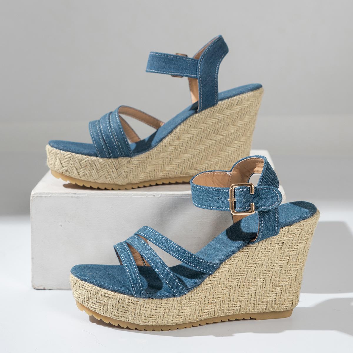 

2025 spring and summer new European and American denim sandals round head wedge heel one-word buckle belt foreign trade large size high heel sandals w 42