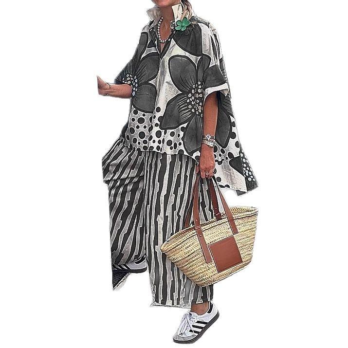 Floral Print Short Sleeve Top and Striped Wide Leg Pants 2-Piece Set