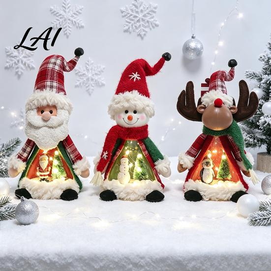 Standing Christmas Character Set Lighted Doll Decoration Cute Plush Santa Claus/Snowman/Reindeer Figurine with Holiday Home Interior Decor