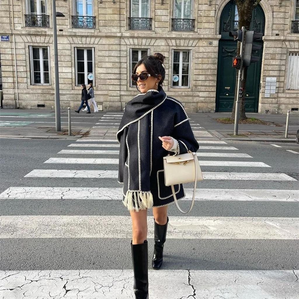 Fashion Scarf Collar Coat for Women Loose Winter Autumn Loose Jackets Elegant Tassel Streetwear Casual Chic Long Sleeve Jacket