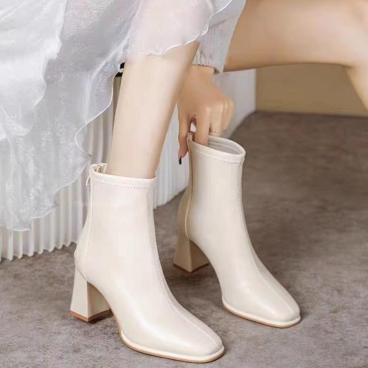 Fashion Fashionable  Skin Short Boots Women's Chunky High Heels Side Zipper All-Match Winter Boot Korean Style Flat Booties