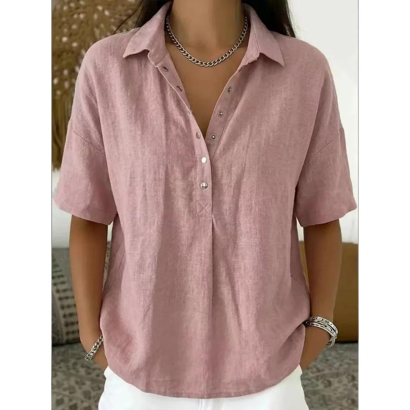 

women s Solid Lapel Half Button V‑Neck Short Sleeve Loose Casual Summer Blouse Shirt 3XL рожевий