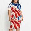 Women Plus Size Round Neck Short Sleeve Navy Blue Printed Asymmetric Top Fitted Skirt Two Piece Set