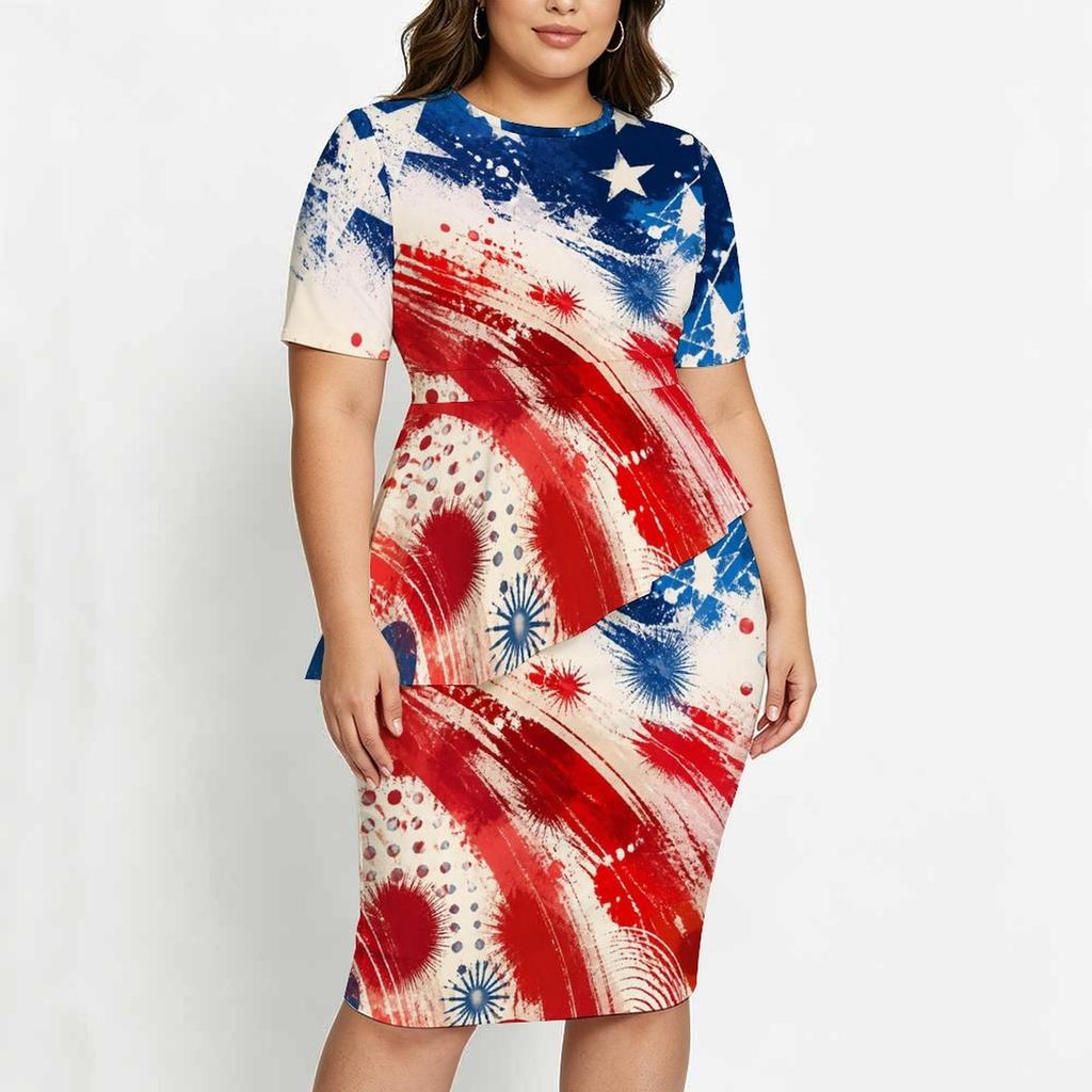 Women Plus Size Round Neck Short Sleeve Navy Blue Printed Asymmetric Top Fitted Skirt Two Piece Set
