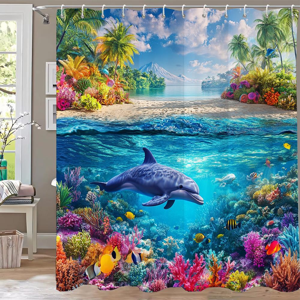 Ocean World Dolphins And Sharks Shower Curtain, Underwater World Bathroom Decorative Curtain, Printed Home Curtain With Hooks