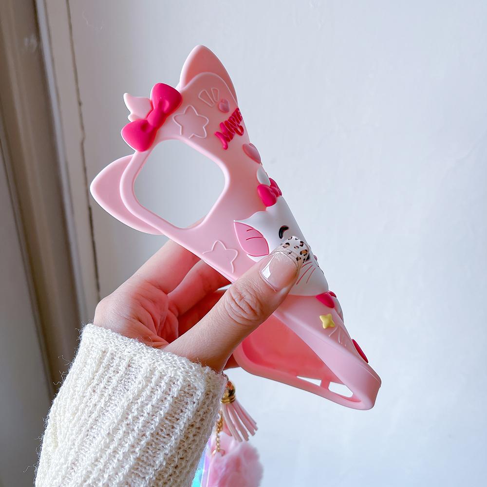 3D Kawaii Cartoon Marie Katze Handyhülle Weiche Silikonhülle für iPhone 12 13 14 15 Plus iphone 16 Pro Max Mit Haarbällchen Anhänger