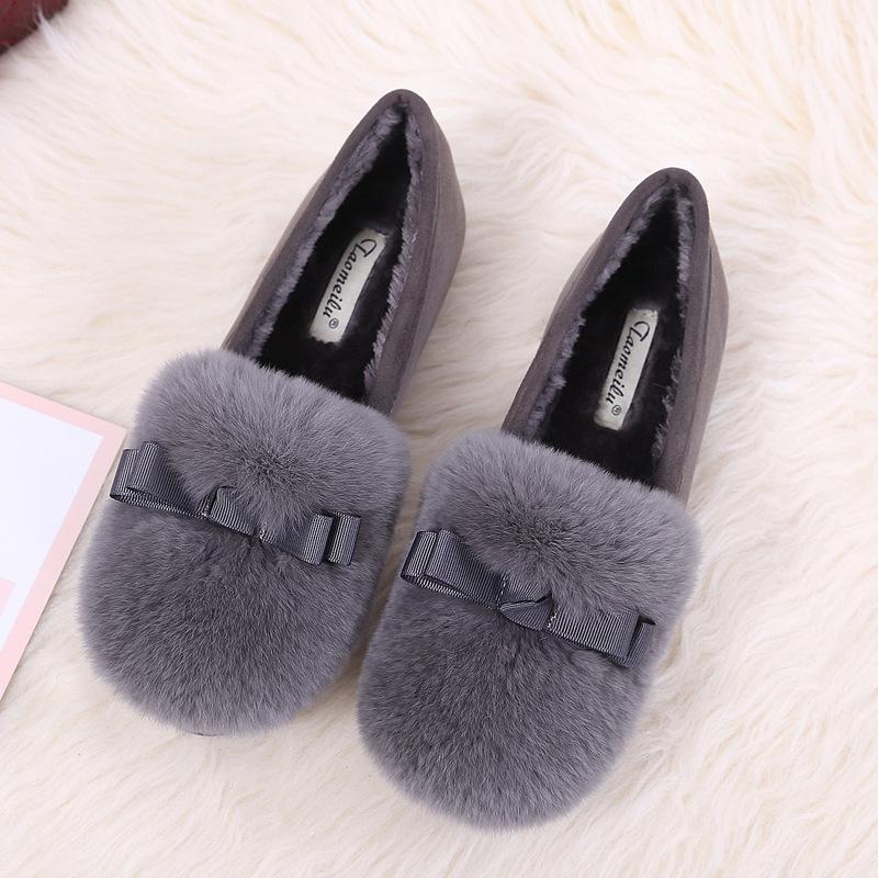 Mode 2025 Winter Plüsch Fell Ballerinas Schuhe Frau Kaninchenhaar Schleife Mokassins Warme Wolle Slipper Femme Büro Kleiderschuhe Damen Fellstiefel