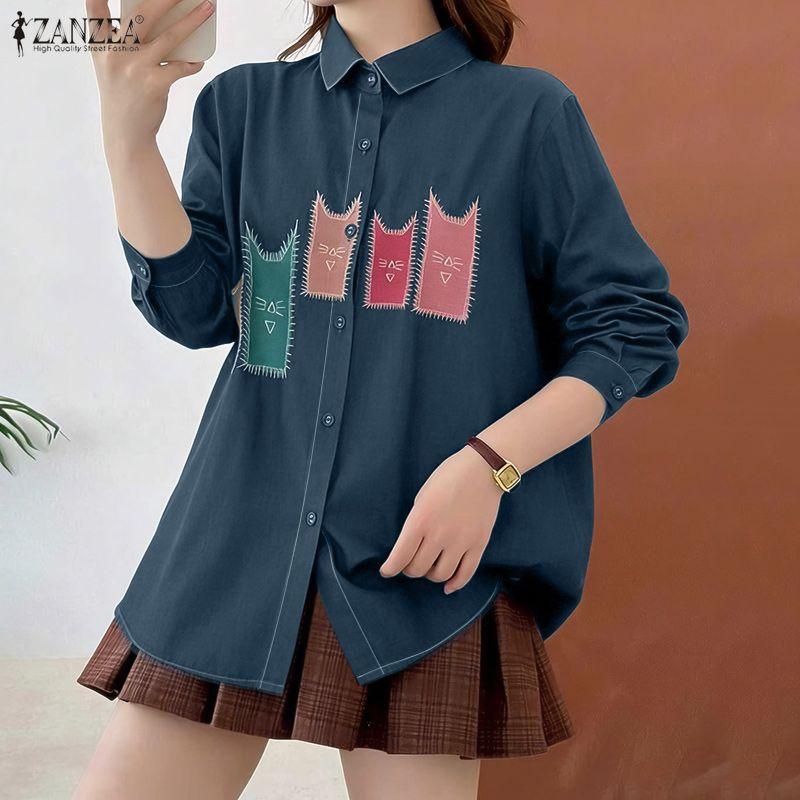 ZANZEA Damska luźna bluzka z długim rękawem i luźnym nadrukiem