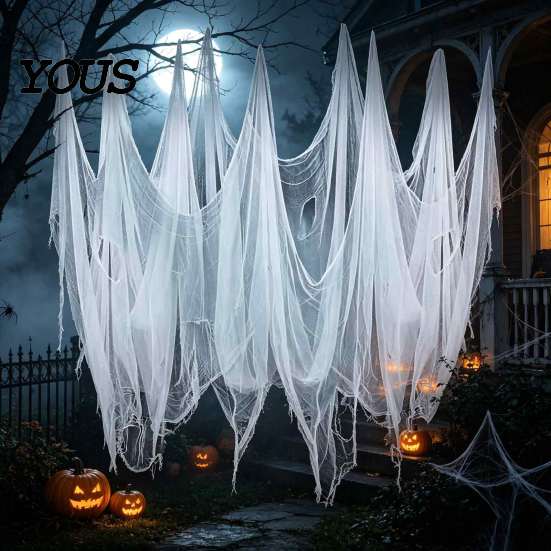 Reusable Halloween Party Decor Gauze Fabric, White/Black Creepy Cloth for Spooky Drapey Scrim Porches Decks Haunted House Decorations, Indoor Outdoor