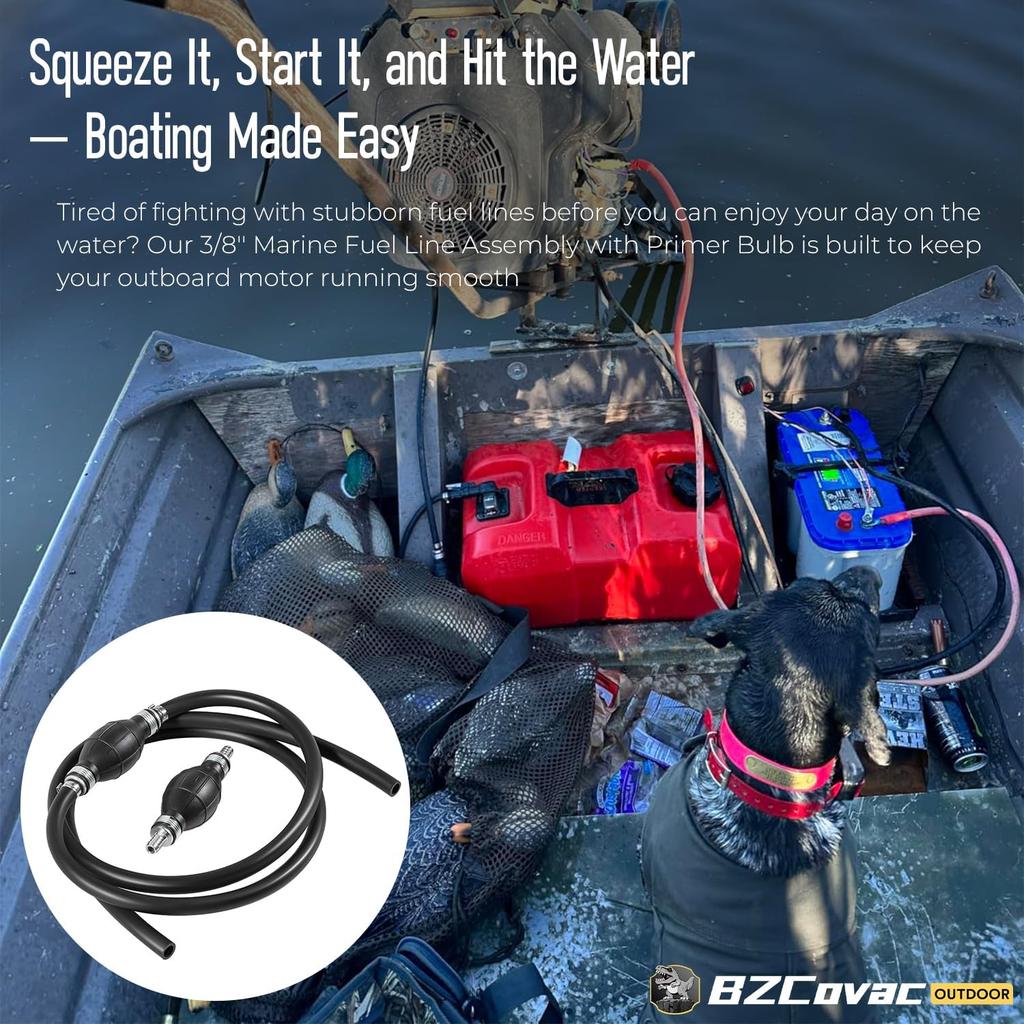 3/8" Fuel Line Assembly, 6FT Nylon Braided Marine Fuel Hose with Primer Bulb and Stainless Clamps, Universal Fuel Line Kit for Outboard Boat Motor,