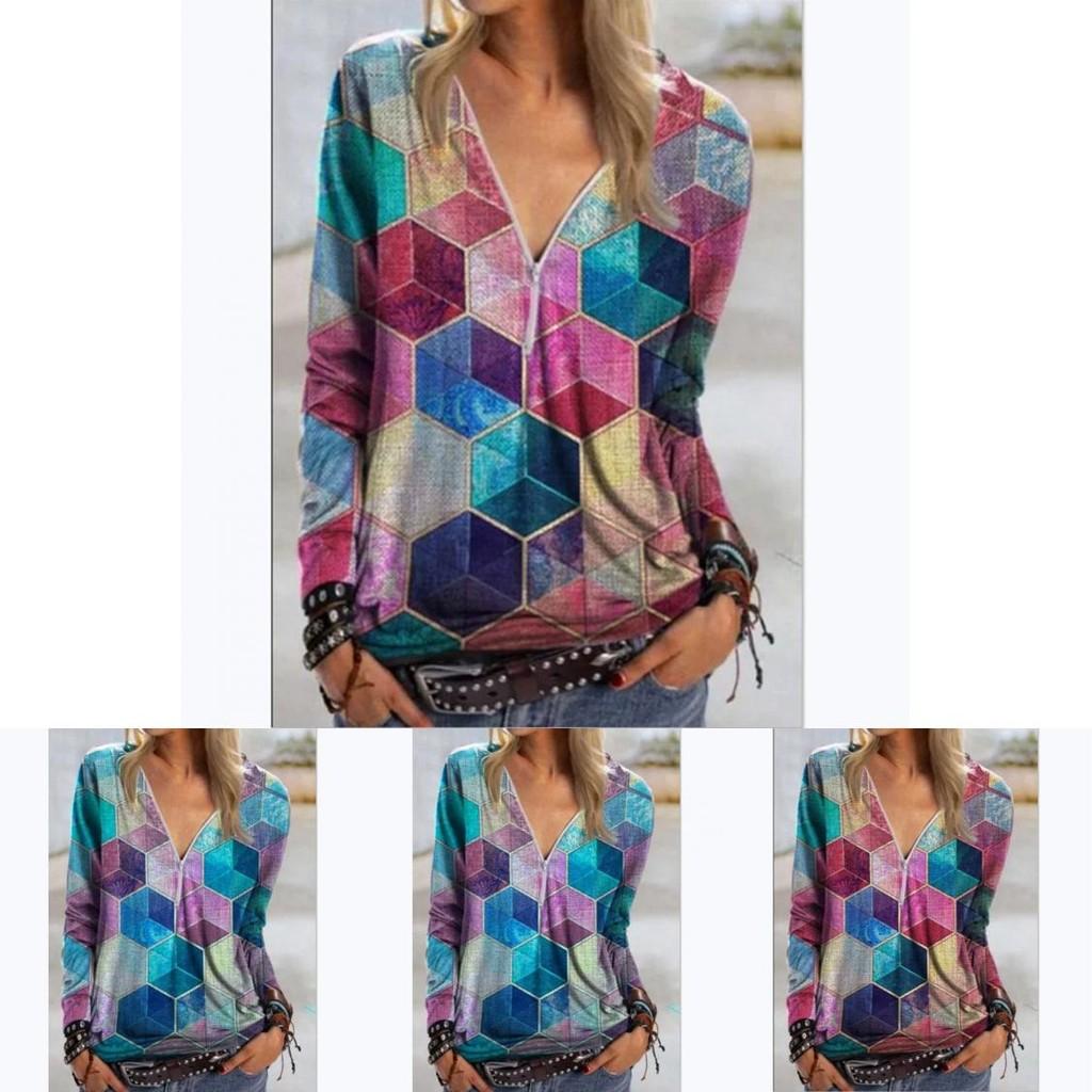 Elegant Ladies Print Pullover Blouse Shirt With V Neck And Zipper For Casual Wear