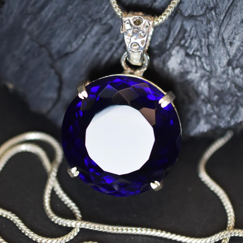 Natural Blue Topaz Pendant Round 85.25 Ct Gemstone 925 Sterling Silver CERTIFIED my-416-k