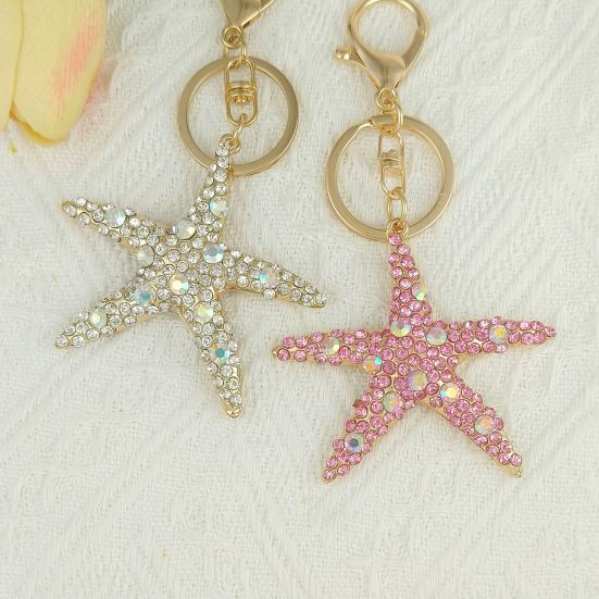 Keychain Pendant Rhinestones Inlaid Starfish Design Key Chain with Lobster Clasp Bag Charm Backpack Accessory
