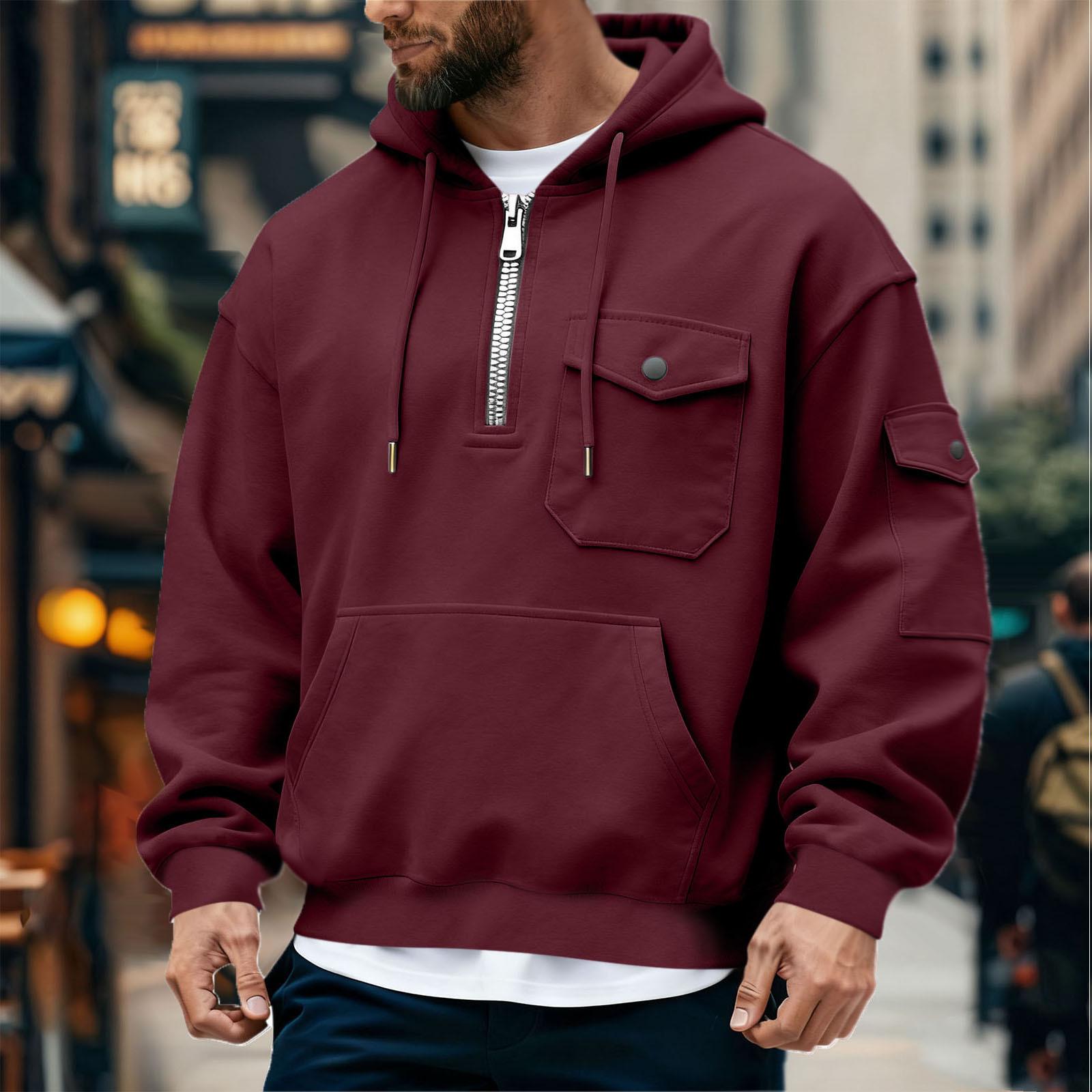 

Men s Cross-Border Autumn/Winter Zipper Hoodie - Casual Trendy Pullover XXXL вина червоного кольору
