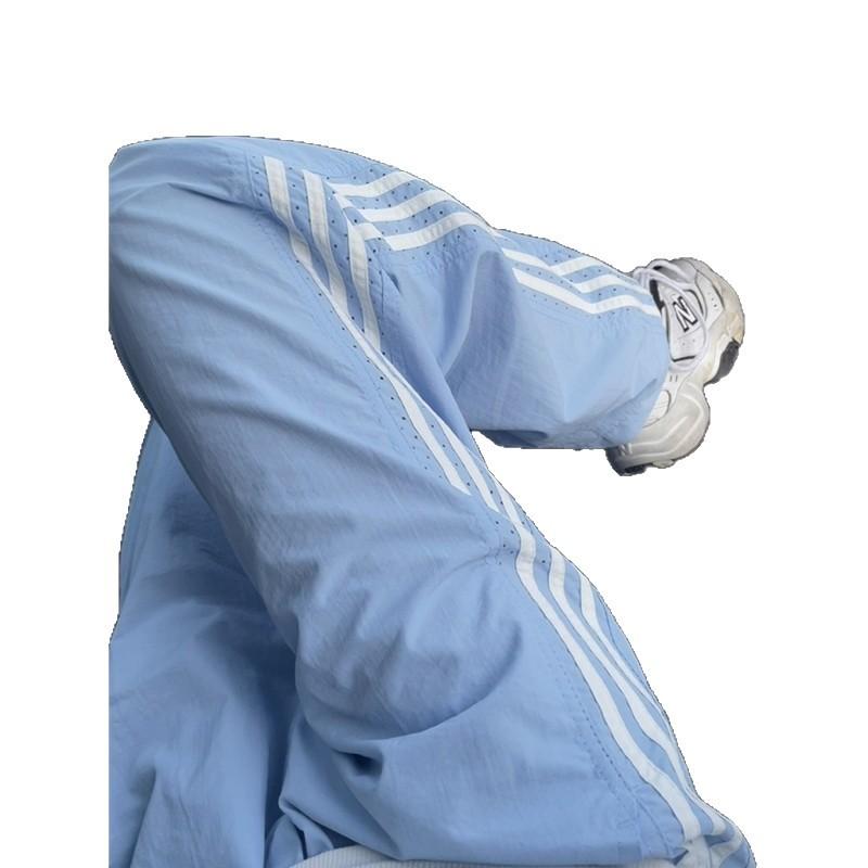 Summer new blue mesh striped casual pants men's trendy casual versatile loose breathable cool long pants