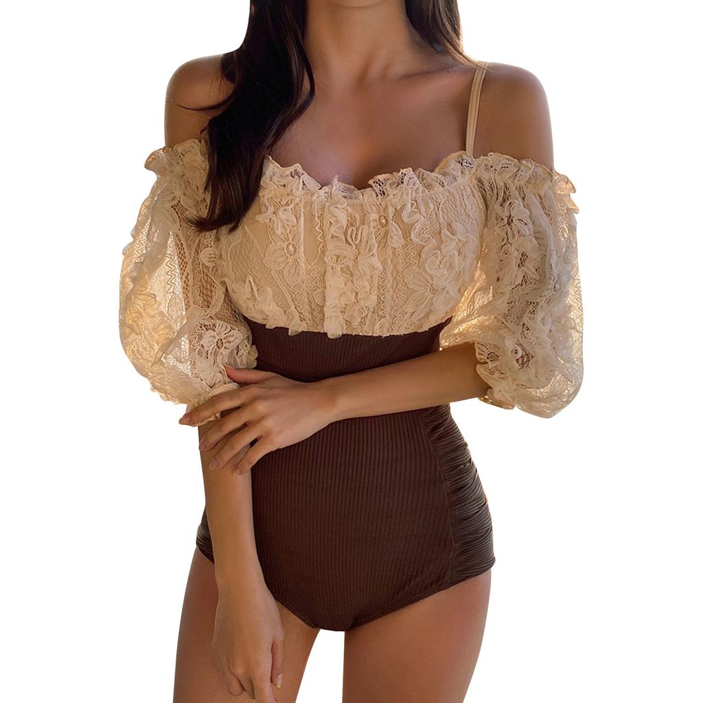Solid Color Mesh V-neck One-piece Bikini Women's  Sexy Tight Conservative Hot Spring Swimsuit