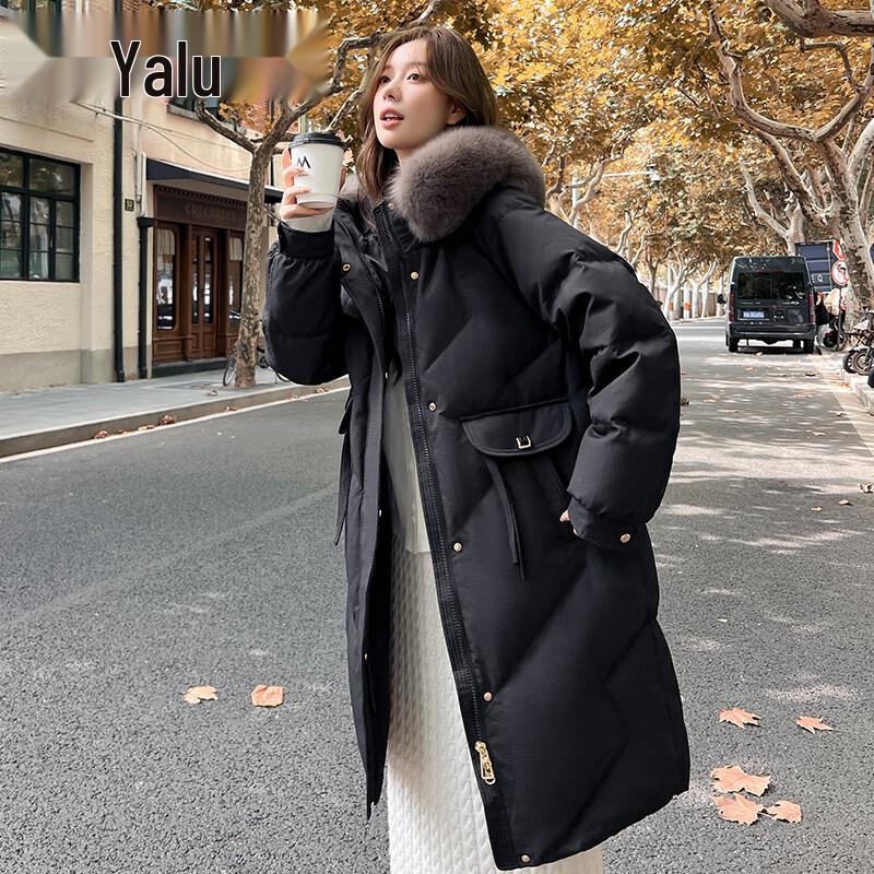 Yalu Women's Hooded Long Duck Down Jacket with Large Fur Collar