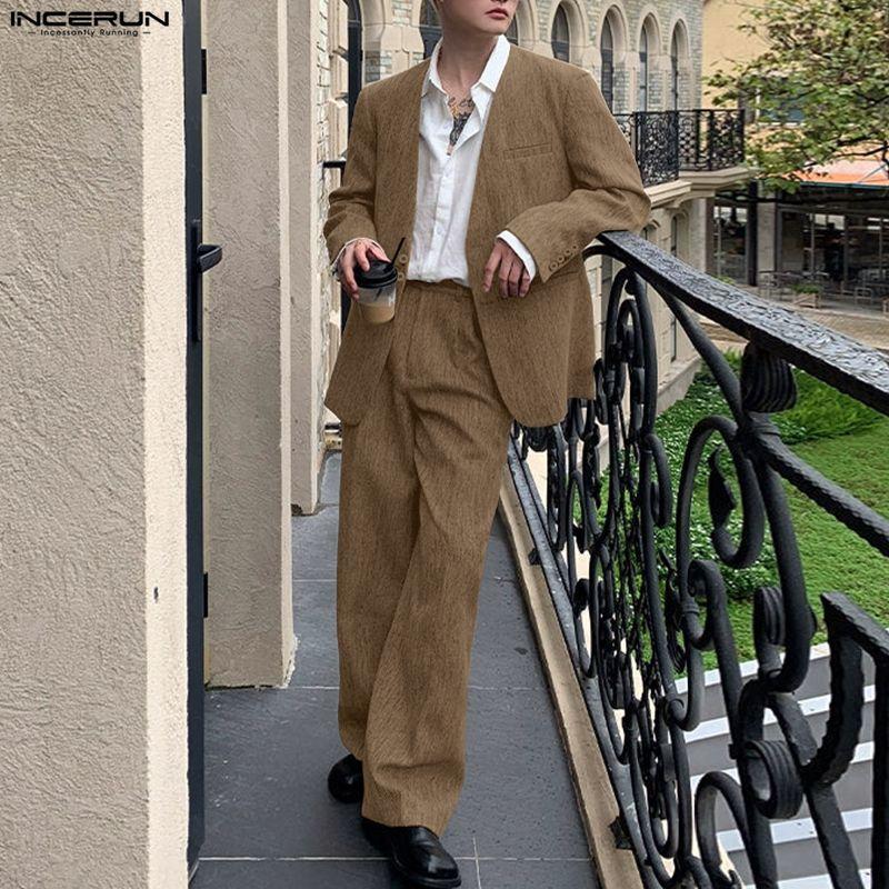 INCERUN Two Pieces Outfits Men Long Sleeve Thin Blazer Long Straight Pants Loose Sets
