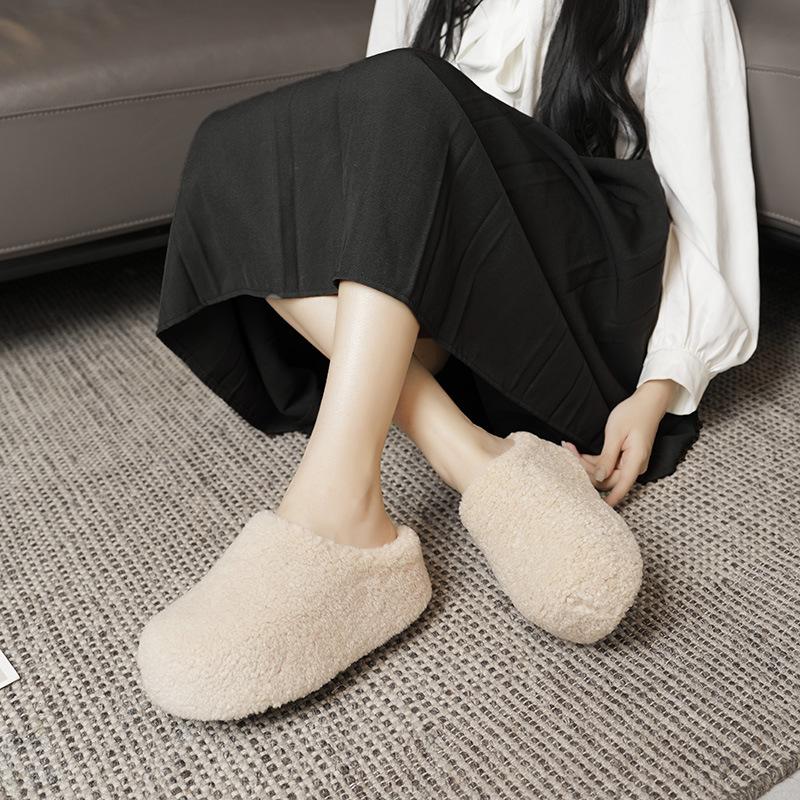 Women's retro lightweight comfortable non-slip heightening winter warm plush lining non-slip durable casual cotton one-step slippers