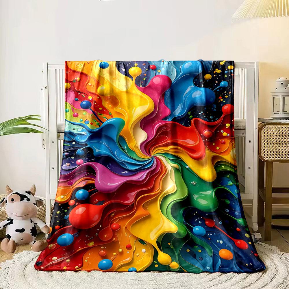 A swirling, vibrant, multicolored wave pattern with scattered glossy droplets. for all seasons blanket lunch break throw gift 80cm x 120cm