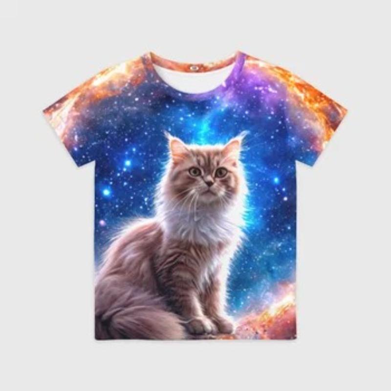 Children's Cartoon Kitten Print Cute Multi-color T-shirts Girls Fashionable Soft Comfortable T-shirt