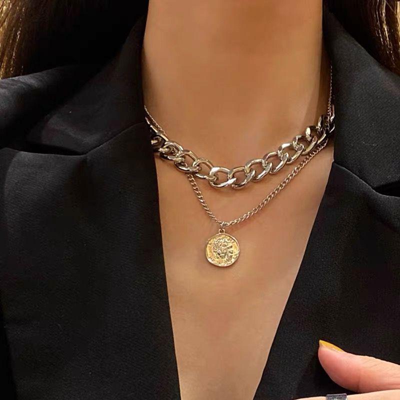 European and American Ins Retro Portrait Exaggerated Thick Chain Necklace Double Chain Hip Hop Necklace Short 60CM