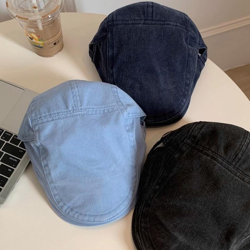 Retro tvättad denim framåtlutad mössa dam gammal litterär basker som framhäver ansiktet liten mössa vår och höst hög känsla