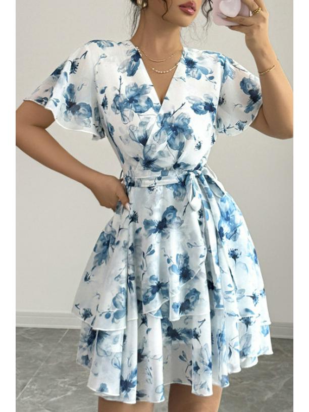 

Elegant Floral Ruffled V-Neck Summer Dress - Women s Retro Holiday Style S небо синє кольору