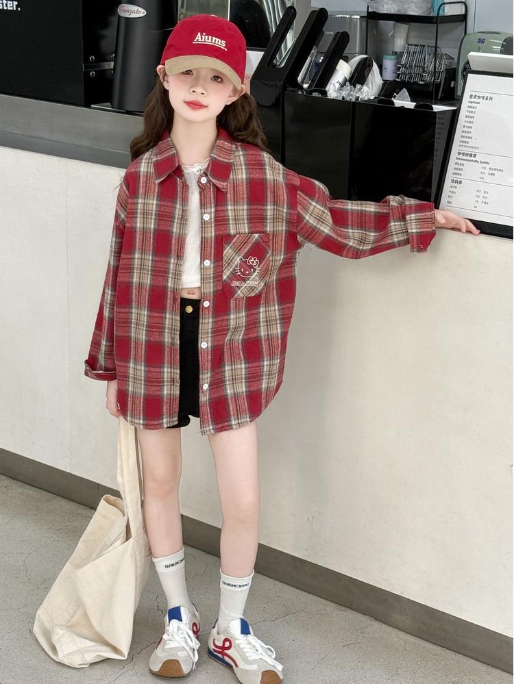 Girls' Plaid Long-Sleeve Shirt Jacket for Autumn 2025 - Fashionable Spring Top for Big Kids
