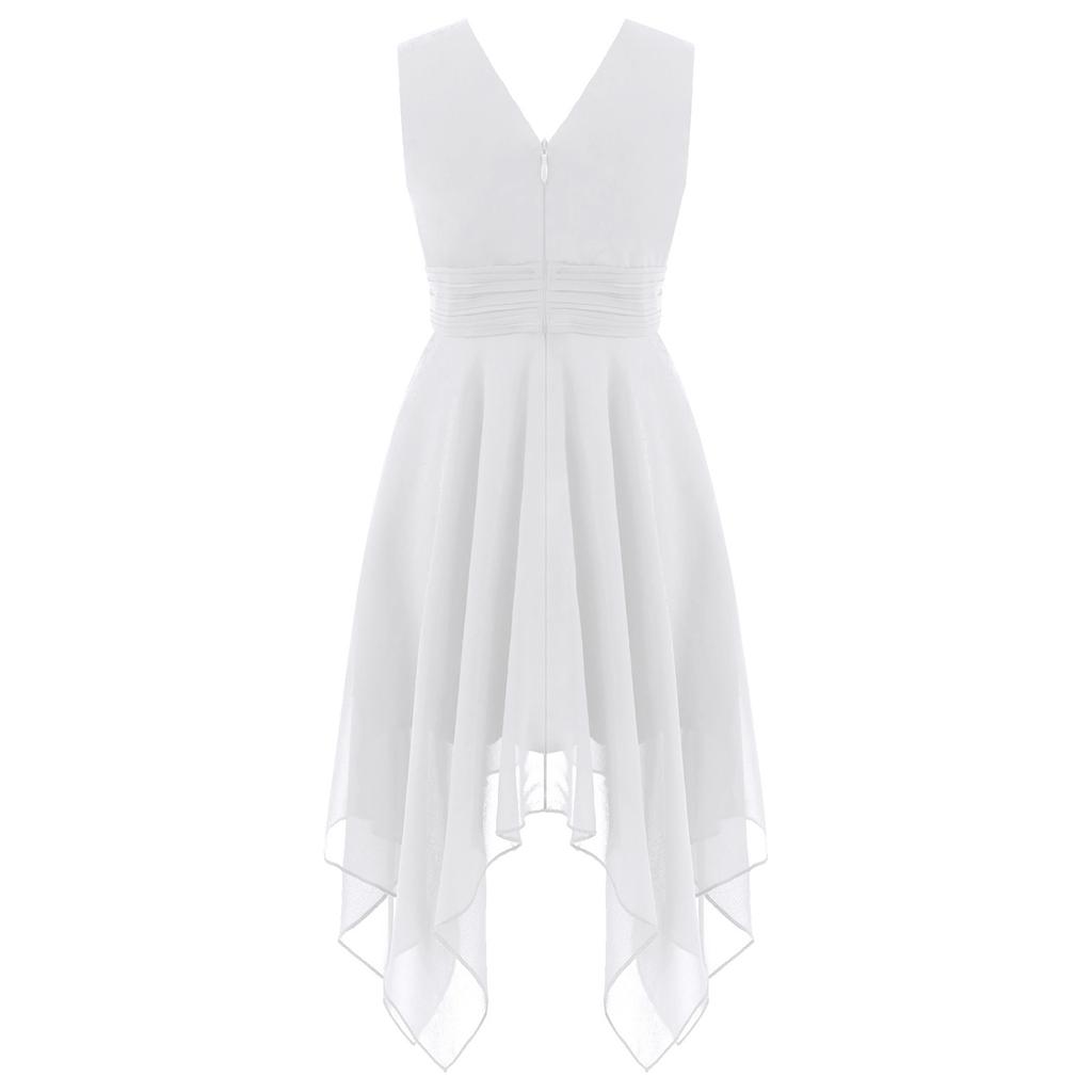 Fließendes einfarbiges Chiffonkleid für Mädchen V-Ausschnitt Ärmellos Asymmetrischer Saum Plissierte Taille Partyauftrittskleid