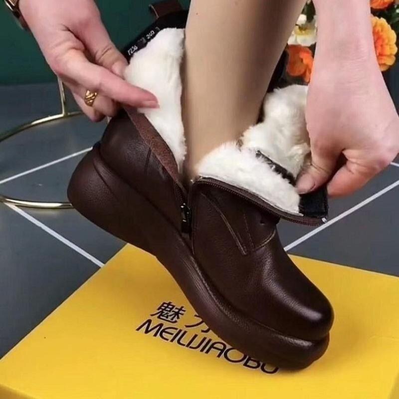Retro Brown Women's Leather Boots Warm Flat Comfortable Fashionable Non-slip Snow Boots Slim Side Zipper Lace Up Women Shoes