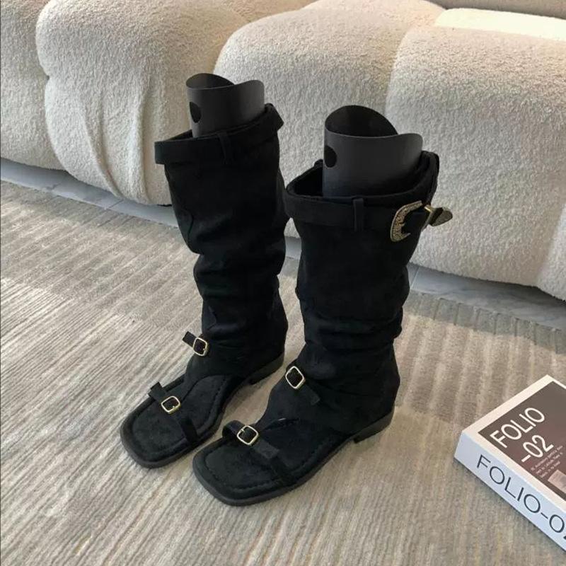 

Модные ботильоны с квадратным носком и открытым носком из эластичного флиса, летняя новинка 25 лет, с ремешком-пряжкой, комбинированные, с рукавом, на низком каблуке, высокие ботинки для женщин 35 чёрный
