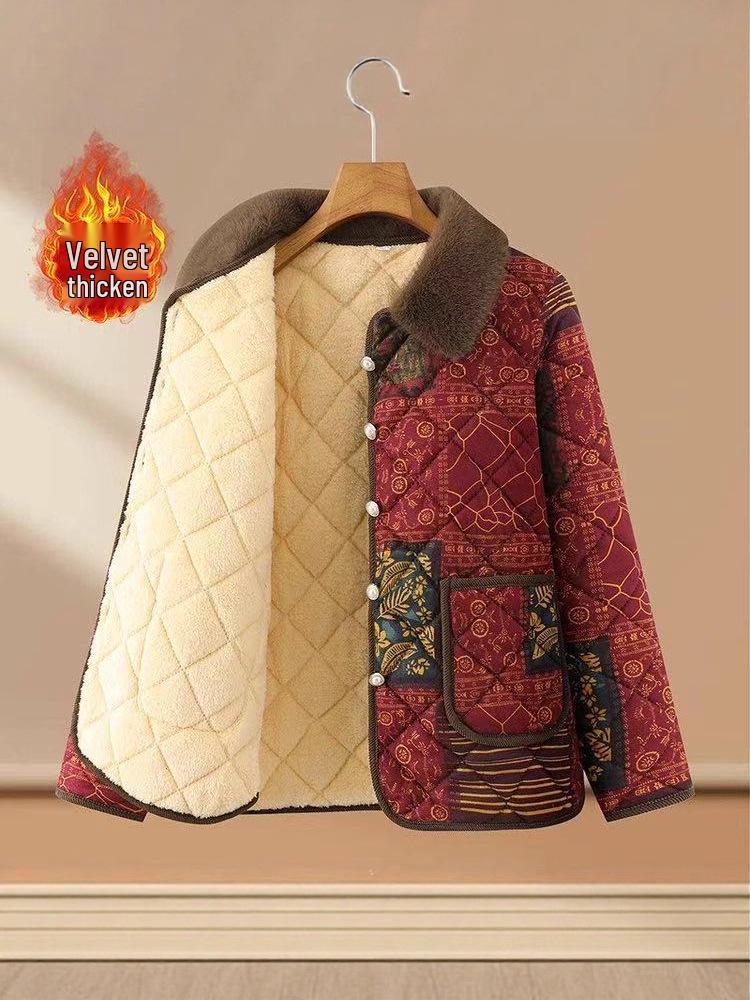 Mid-aged Women's Velvet Lined Cotton Jacket for Autumn/Winter - Warm Padded Top for Elderly