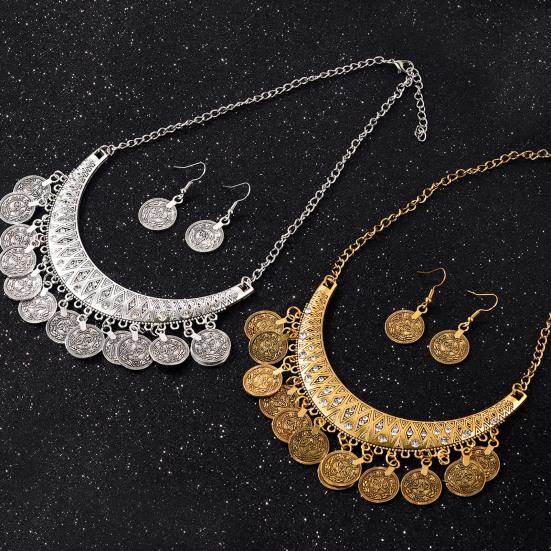2 Stück/Set Halskette Ohrringe Set Verstellbare Kette Retro Graviertes Muster Münze Quasten Braut Halskette mit Strasssteinen Eingelegt Schmuck Geschenk