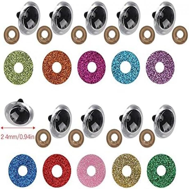 100Set Safety Eyes Doll Eyes 24mm Plastic Glitter Eyes with Colorful Washers for Plush Toys Teddy Bear Crafts