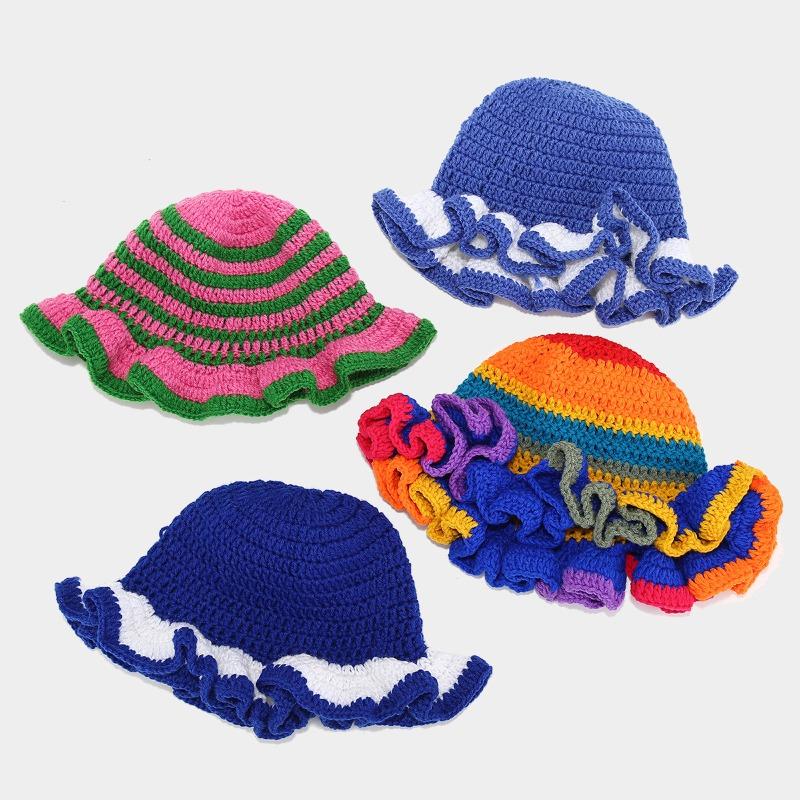 Handmade crochet ruffled wool hat fashion colorful hat men's and women's ruffle edge hat