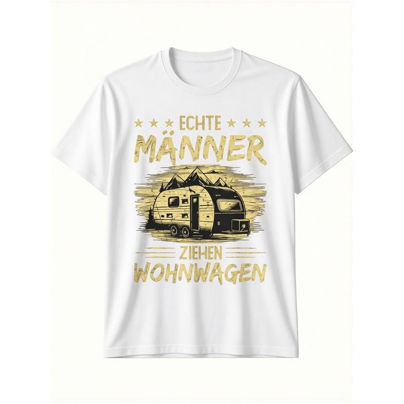 Caravan Says Men's Vintage RV Camper Graphic T-Shirt - Funny German Text "Echte Manner Zwischen Wohnwagen" (Better with Camper Van), Black Retro