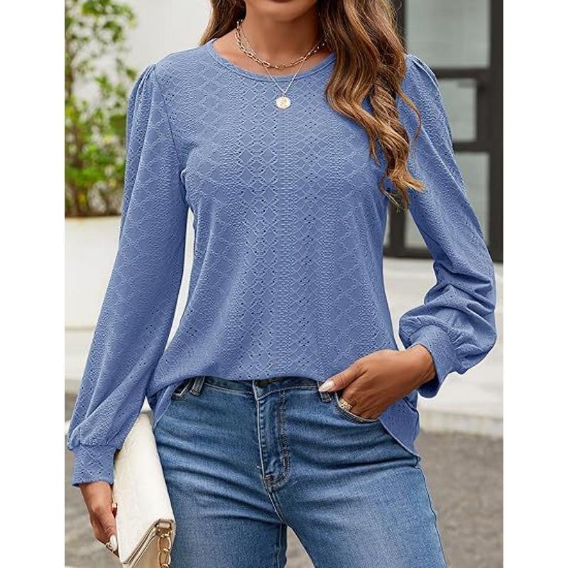 Women's Blouse Round Neck Small Eyelet Bubble Sleeve Long Sleeve Top