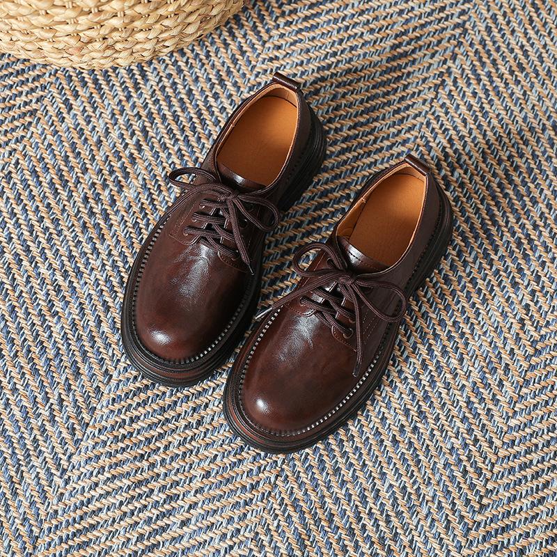 Small Leather Shoes Women's 2025 Spring Lace-up Retro British Style Round Head Thick Heel Single Shoes High-end Polished Loafers