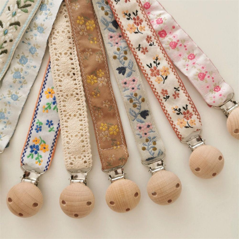 Wood Baby Cloth Pacifier Chain Embroidery Floral Nipple Holder Clips Soother Holder  Toddler