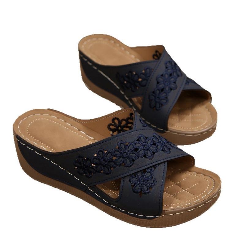 Thick-soled hollowed-out cross slippers women's slope heel embroidered beach fish mouth side empty open-toed cool slippers
