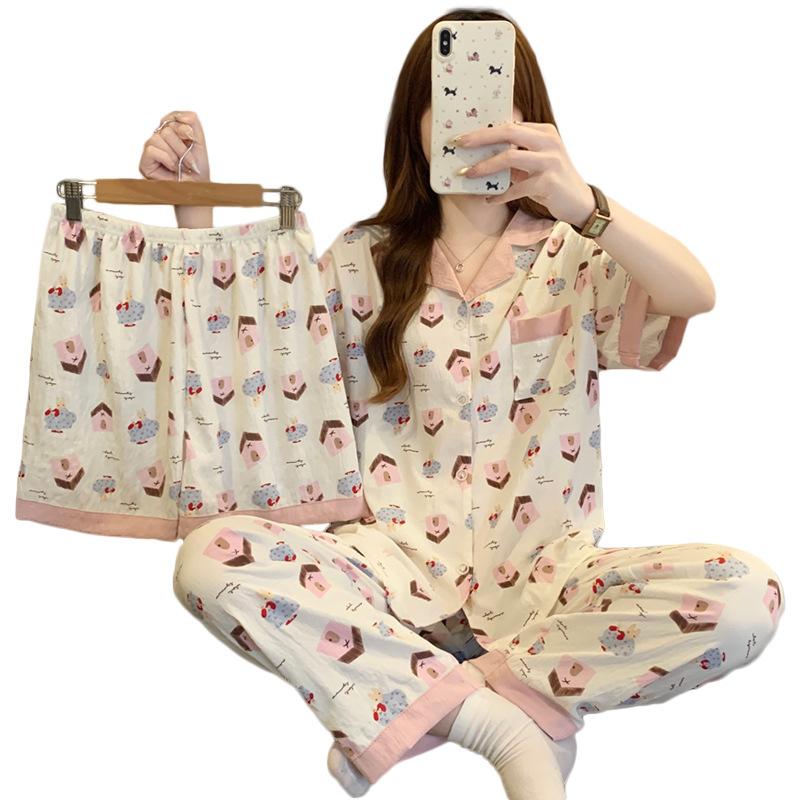 Sweet Girl Cute Little House Summer Pajamas Women'S Loungewear Cloud Cotton Loose And Comfortable Three-Piece Set