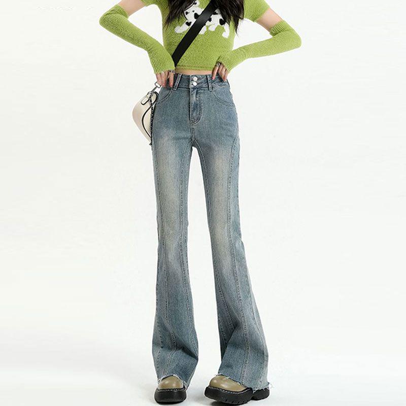 Women s Double-Button High-Waist Frayed Micro-Flare Light Blue Stretch Jeans Small