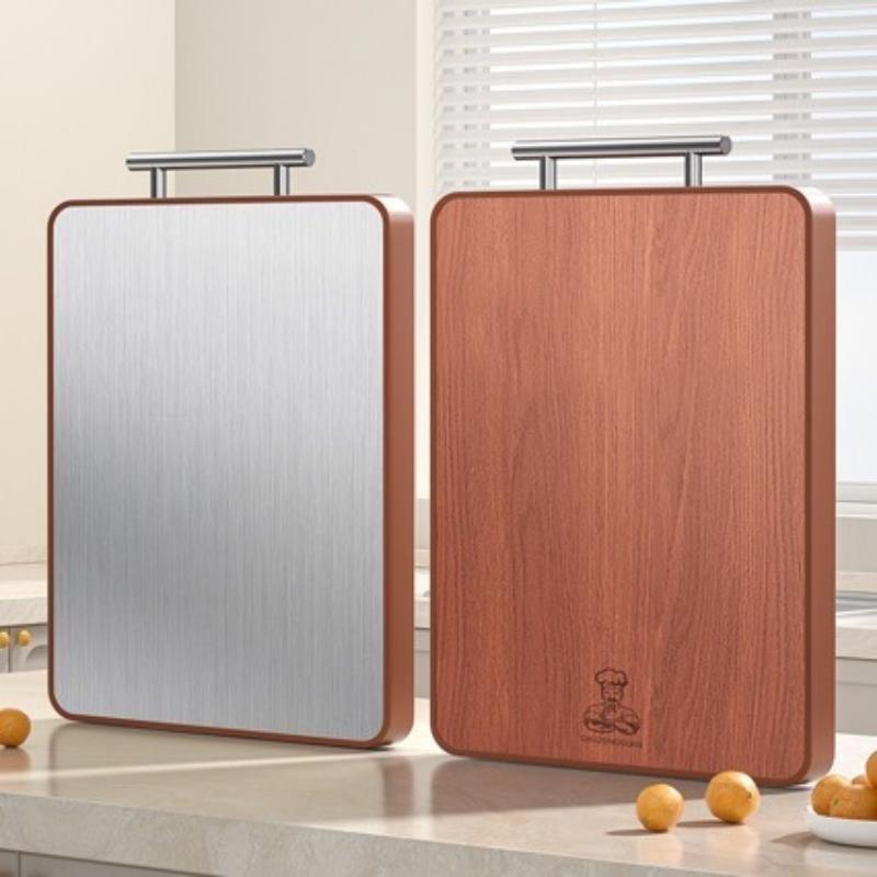 Double Sided Cutting Board Wood And Stainless Steel Antibacterial Mildew Resistant Chopping Board With Handle For Home Kitchen