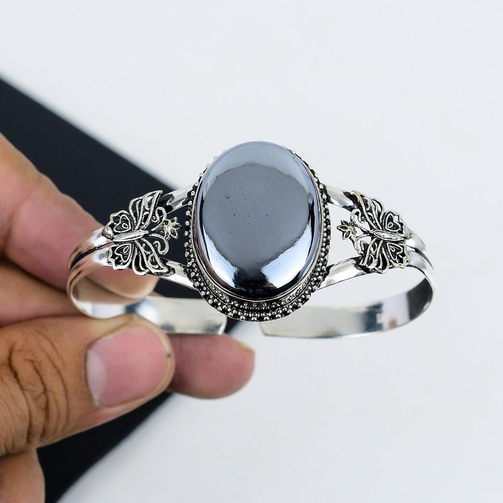 Natural Shungite Gemstone Handmade 925 Sterling Silver Cuff Bangle, Shungite Bangle,For Wife, Unisex Bangle, Gifts For Engagement