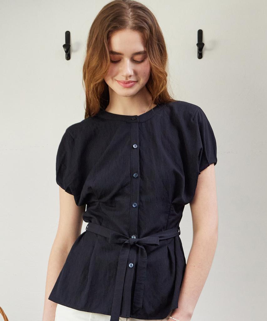 ITOV SEOUL Cocoon Sleeve Belted Blouse Navy