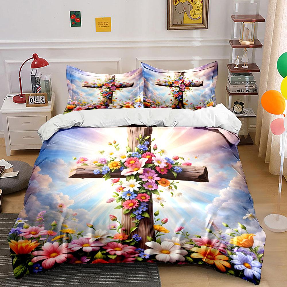 "Floral Cross Spiritual Decoration Set" Exquisite three-piece bedding set gift for kids and adults
