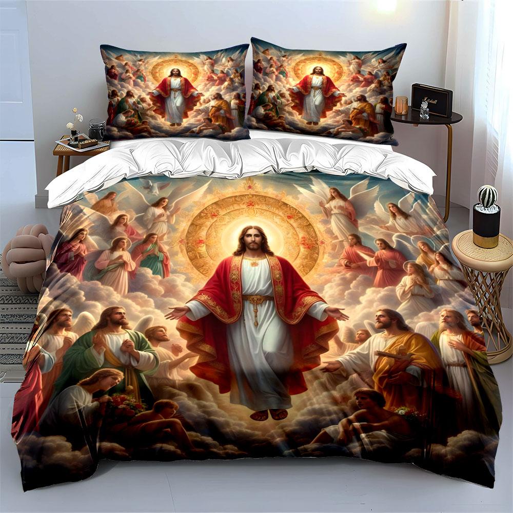 Set Biancheria da Letto Religioso Gesù Cristo Angelo Celeste 3pz Morbido Set Biancheria Amico della Pelle Include 1 Copripiumino e 2 Federe Regalo